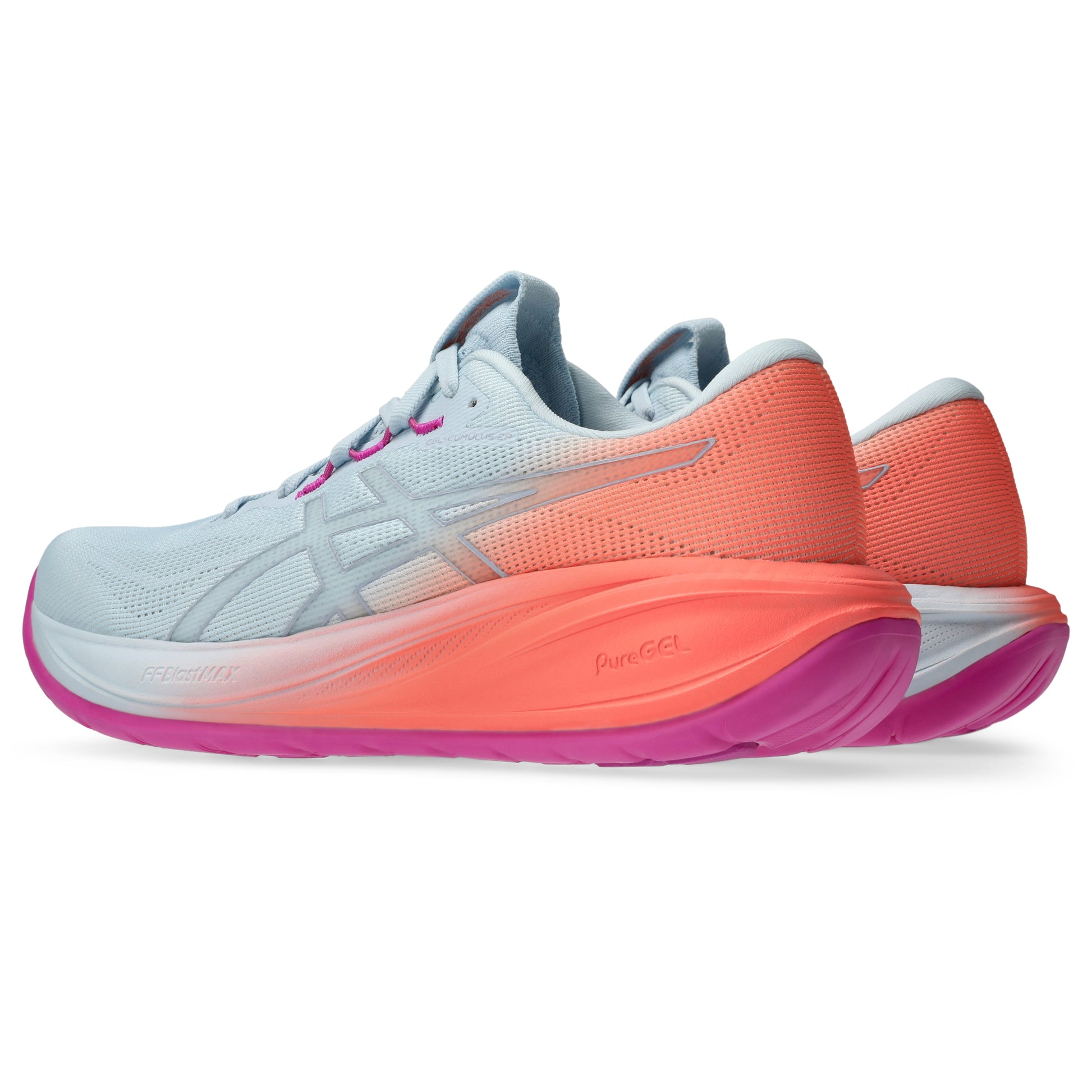Light blue Asics running shoes with pink and orange sole on a white background