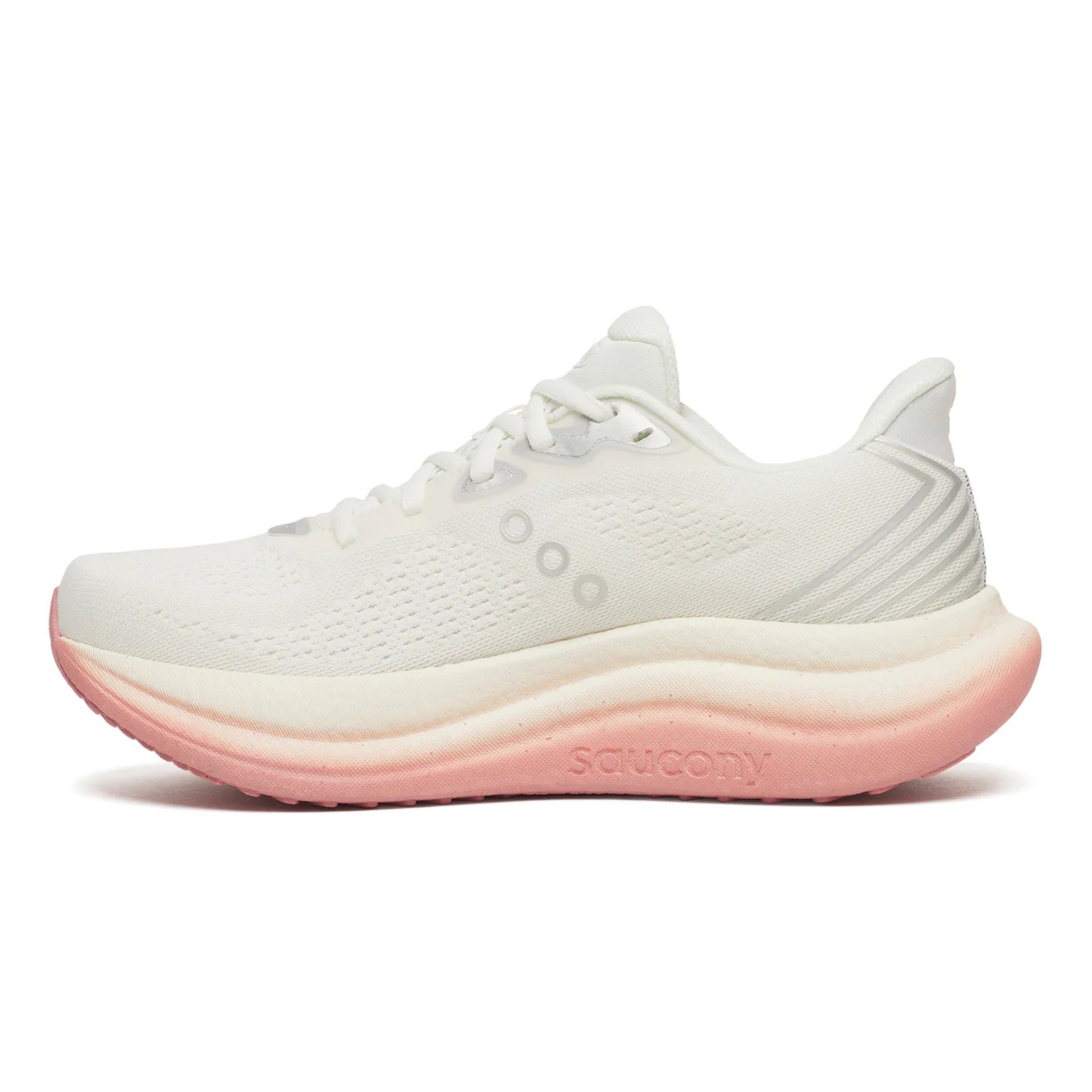 White Saucony running shoe with pink sole on a white background