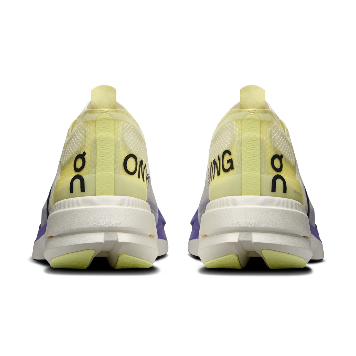 Rear view of a pair of On running shoes in a pale yellow and white colorway, featuring the black On logo on the heel counter and a white midsole.