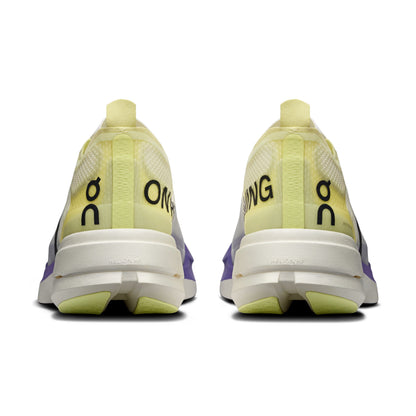 Rear view of a pair of On running shoes in a pale yellow and white colorway, featuring the black On logo on the heel counter and a white midsole.