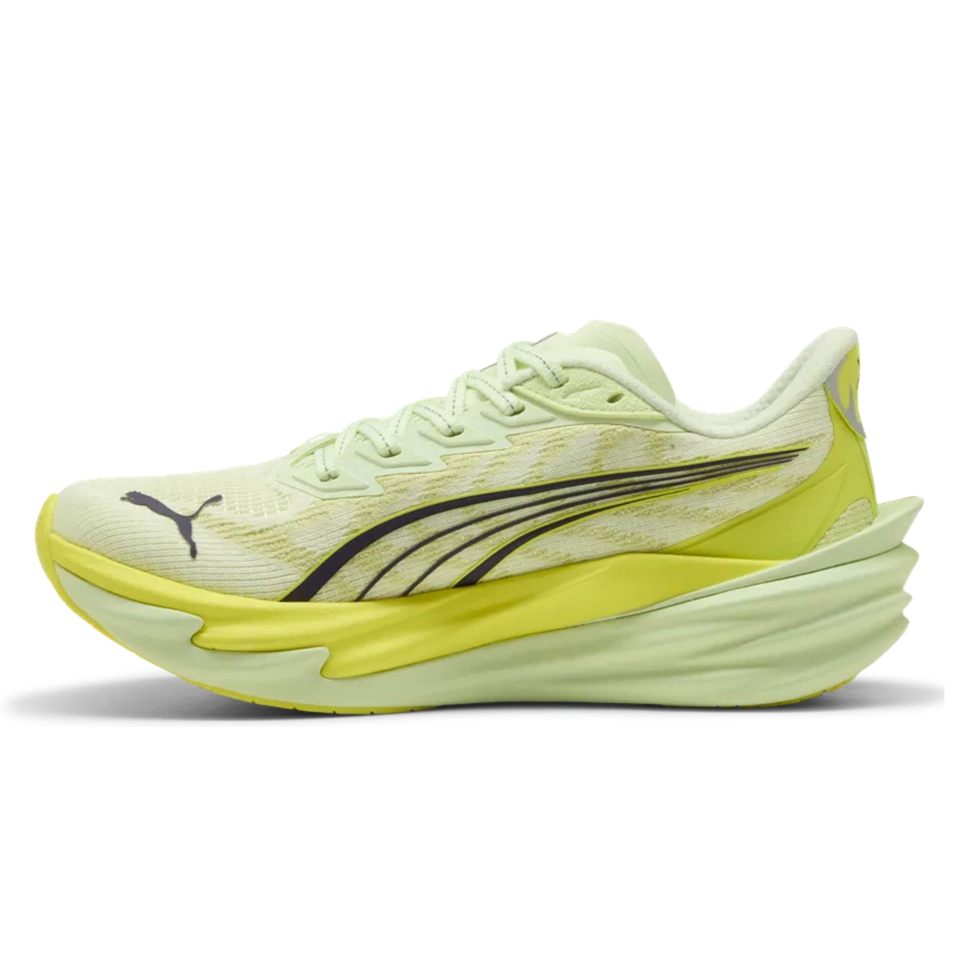 Light green Puma running shoe with yellow sole on a white background