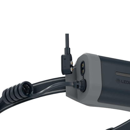 Black LEDLENSER headlamp on a white background