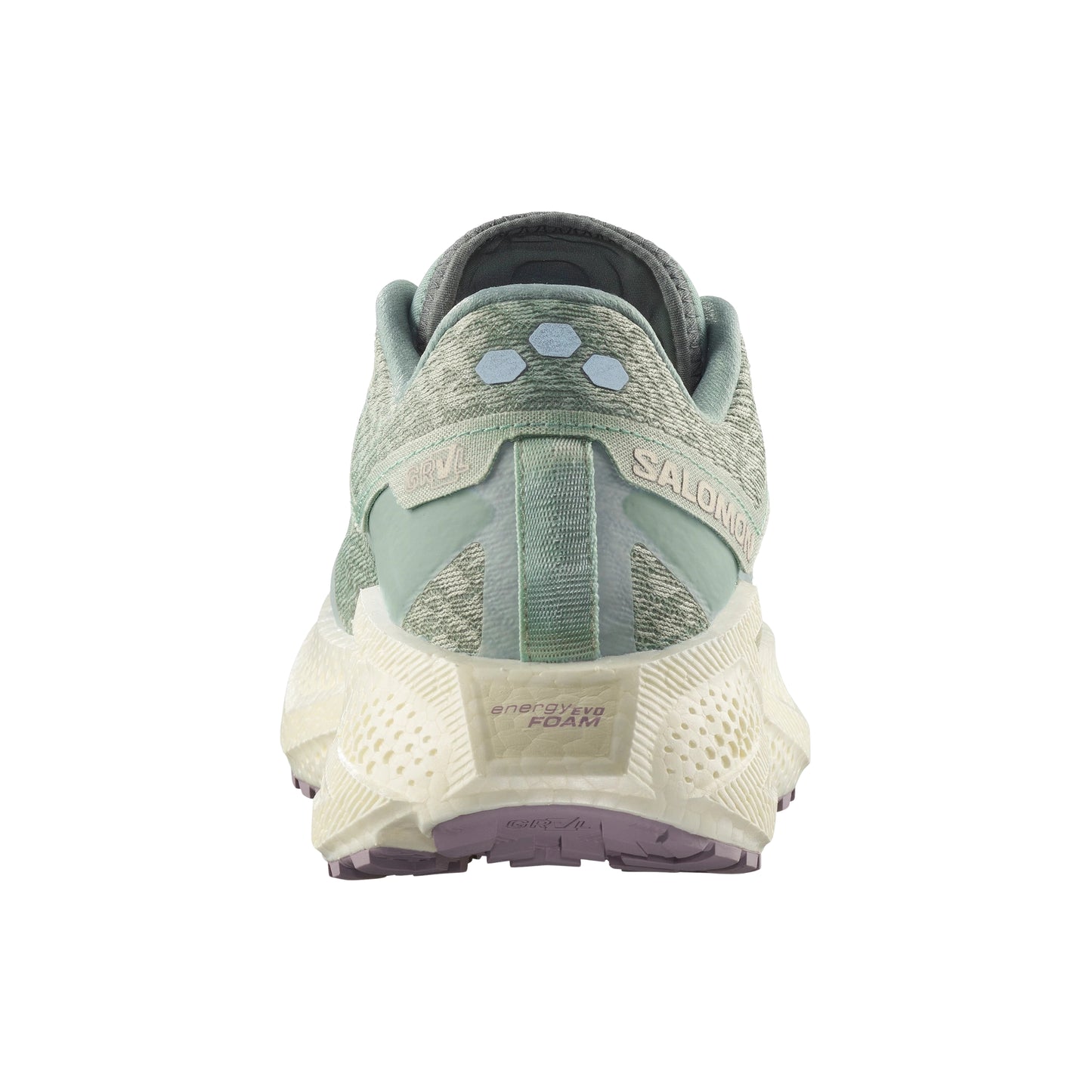 Green Salomon running shoe with white sole on a white background