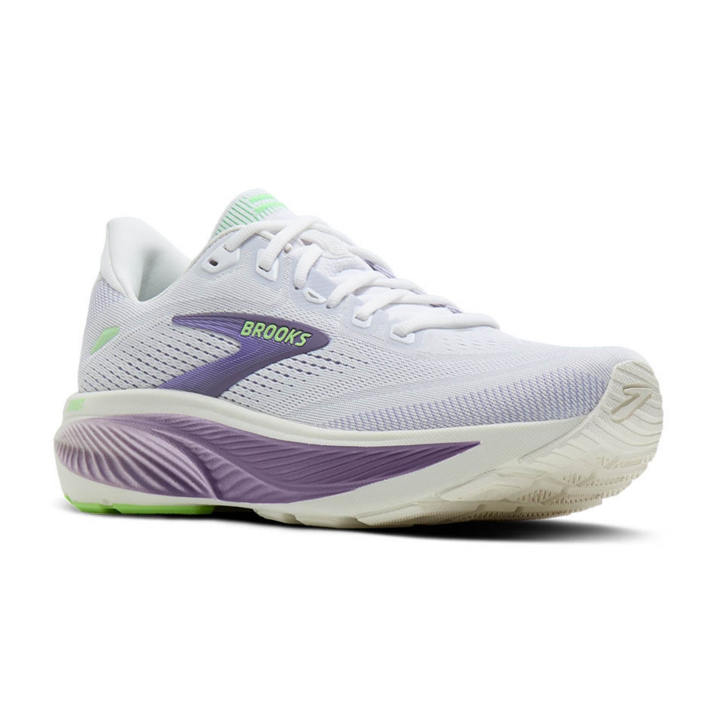 A Brooks running shoe in white, purple, and lime green, shown from a side profile on a white background.
