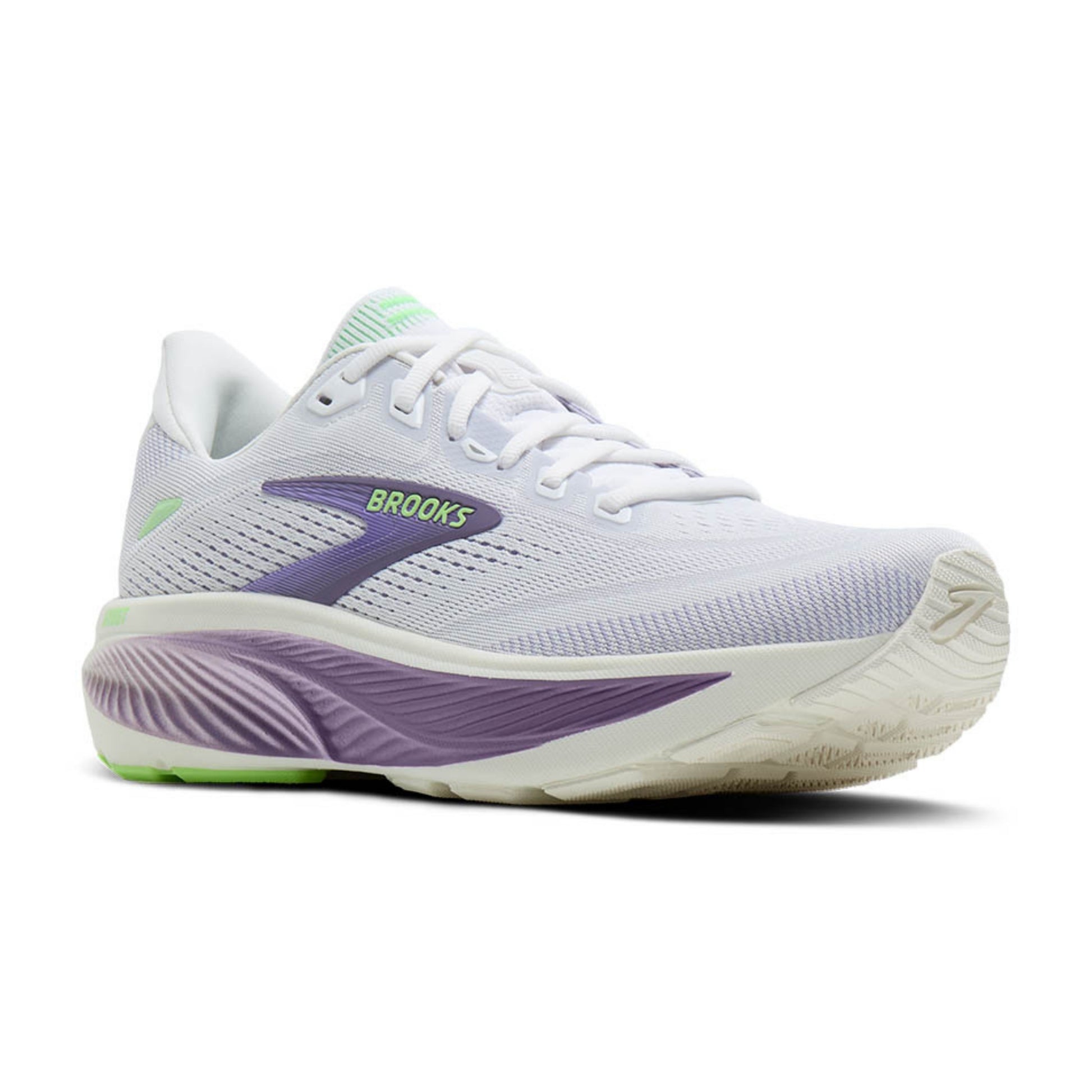 A Brooks running shoe in white, purple, and lime green, shown from a side profile on a white background.