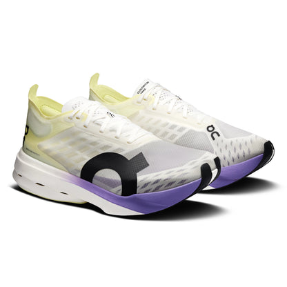 White On running shoes with purple soles on a white background