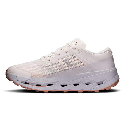 A single On running shoe in a light off-white and pale pink colorway, shown from a side profile on a clean white background.
