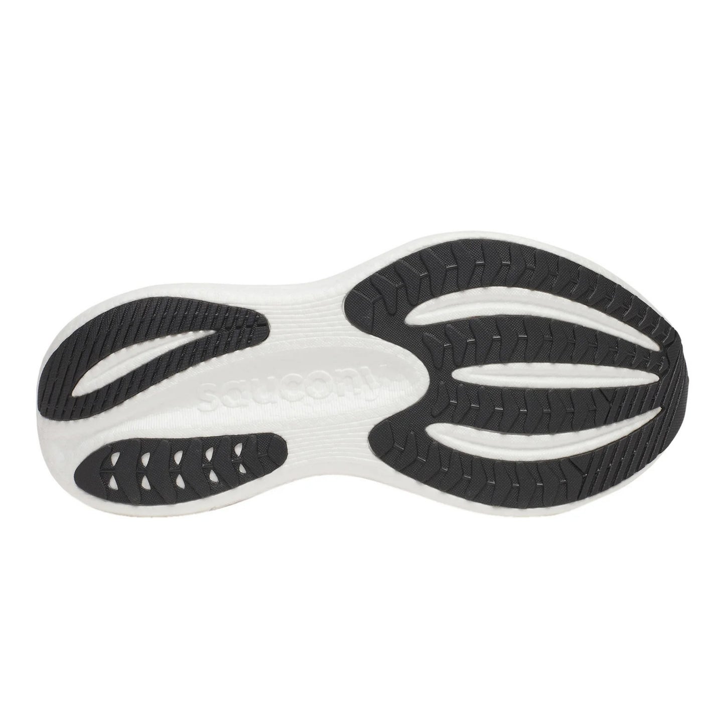 Close-up of a shoe sole with black and white design on a white background