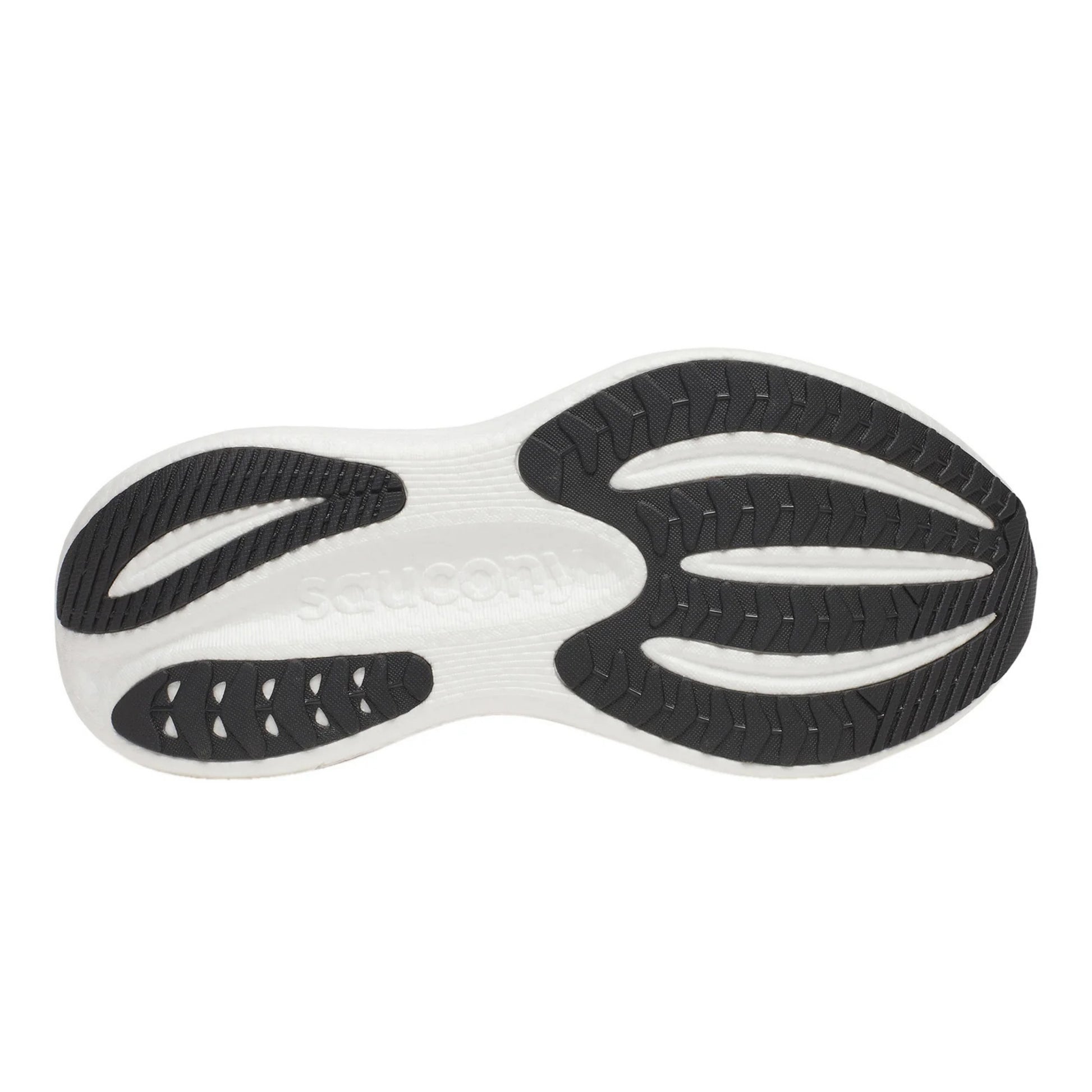 Close-up of a shoe sole with black and white design on a white background
