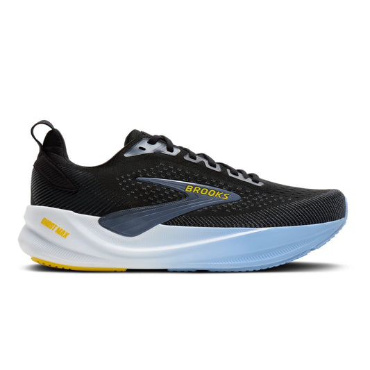 Black and blue Brooks shoe with yellow accents on a white background