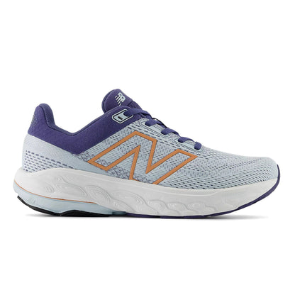 Light blue running shoe with purple accents on a white background