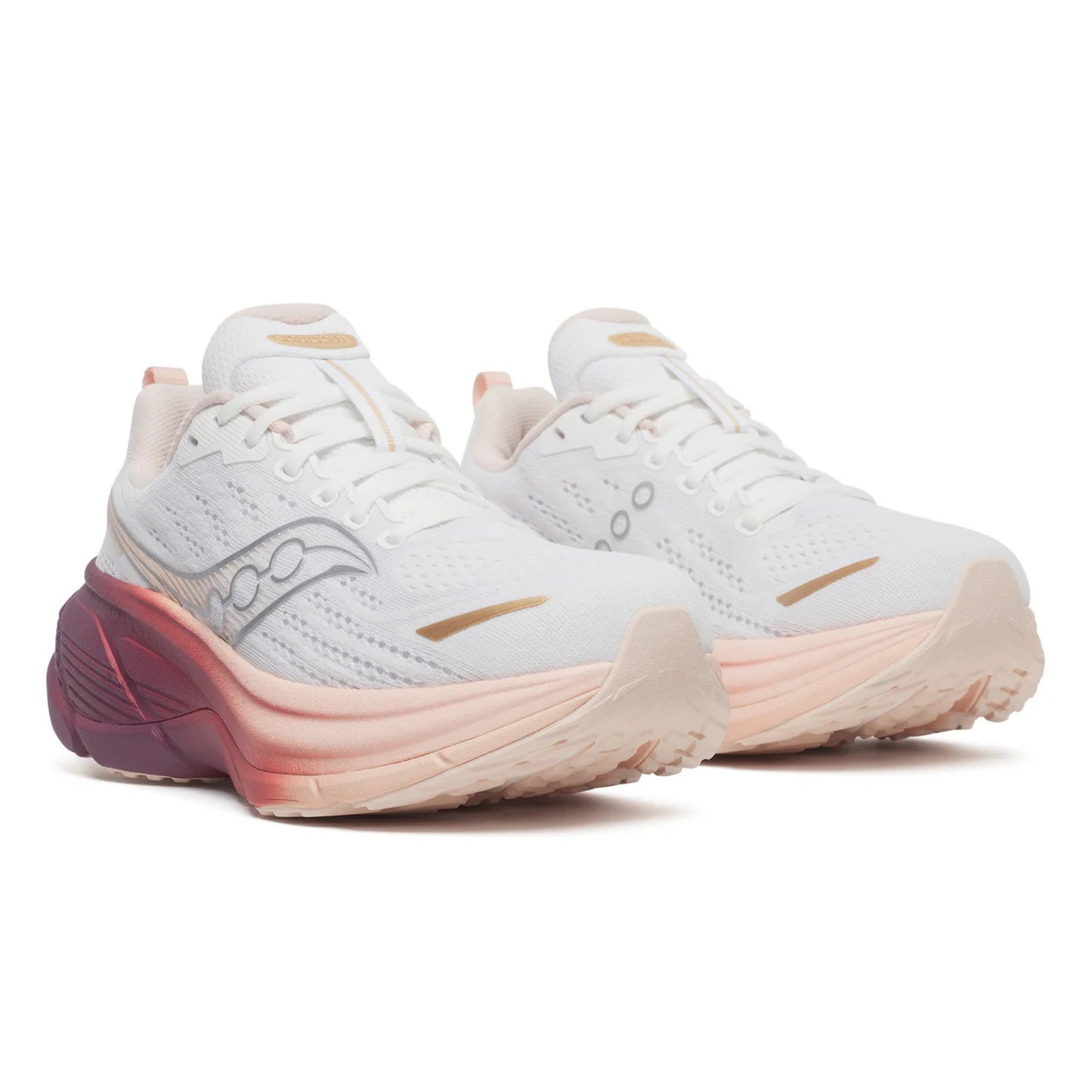 White and pink running shoes with a visible brand logo on a white background