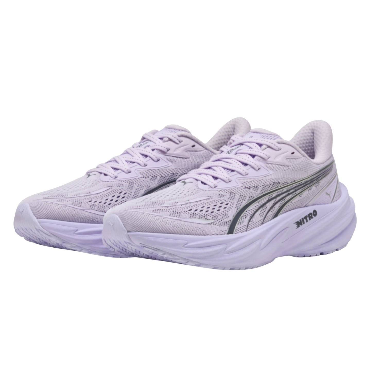 A pair of Puma running shoes in a light lavender purple colorway, featuring a textured mesh upper, matching purple laces, a thick cushioned sole, and a dark gray Puma Formstrip and 'NITRO' text on the side.