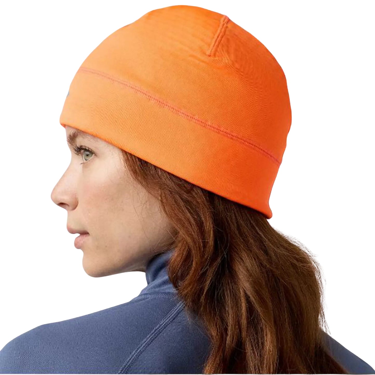 Woman wearing a orange beanie with a black on a white background