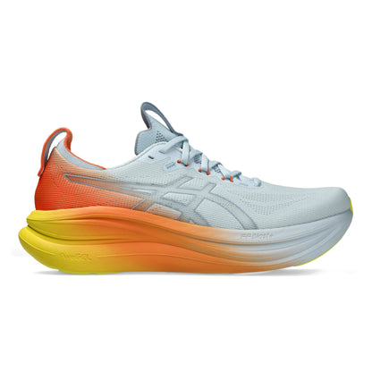 White and orange Asics running shoe with yellow accents on a white background