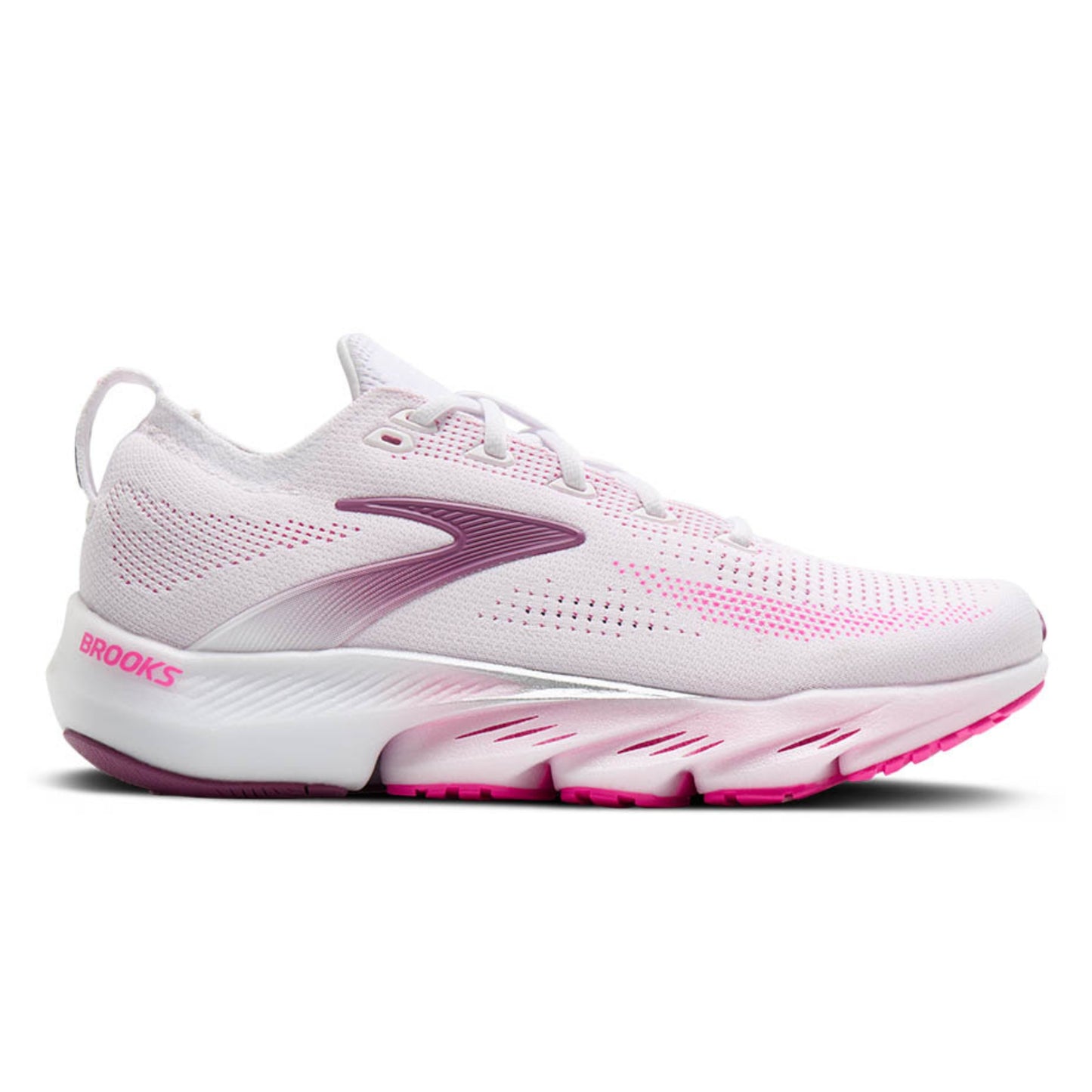 White and pink Brooks running shoe with Brooks logo on a white background