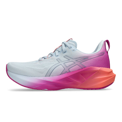 White and pink Asics shoe with coral accents on a white background