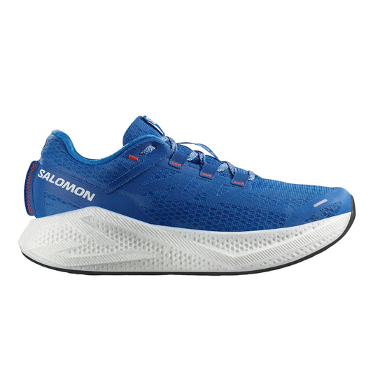 Blue Salomon running shoe with white sole on a white background