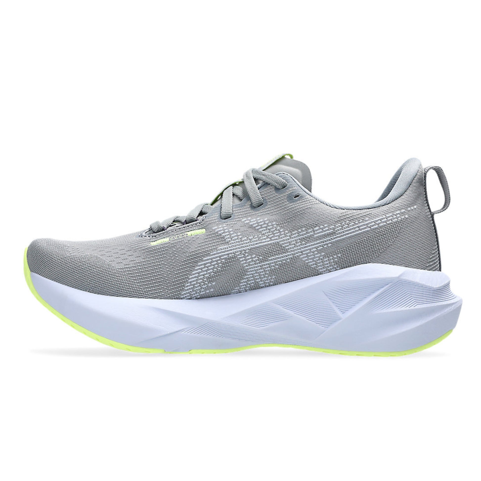 Gray running shoe with white sole on a white background