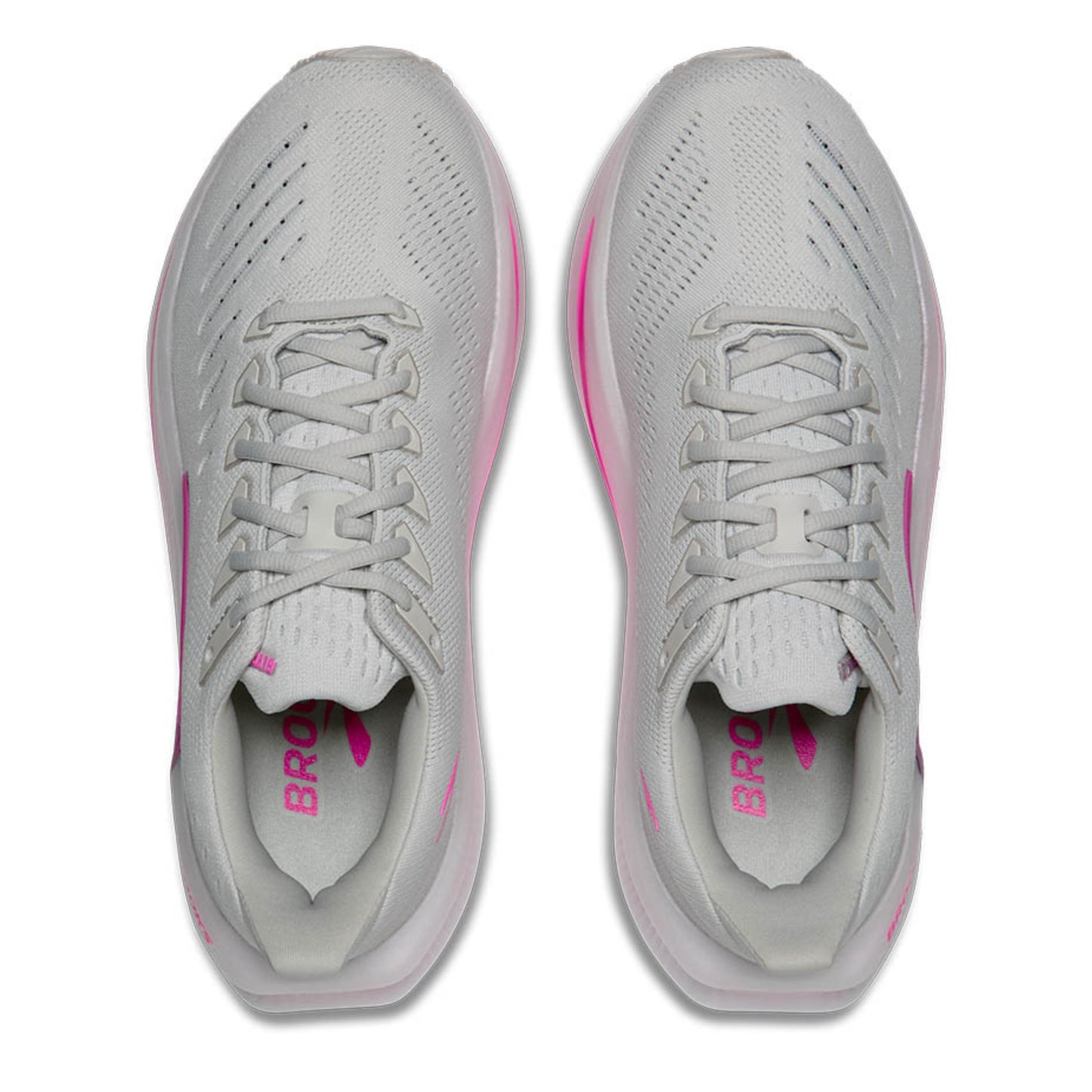 Gray Brooks running shoes with pink accents on a white background
