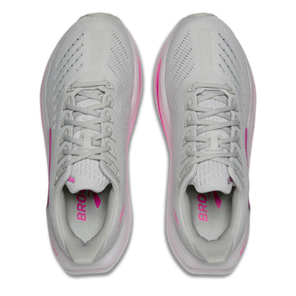 Gray Brooks running shoes with pink accents on a white background