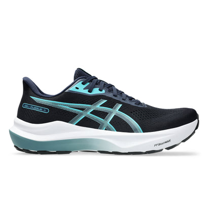 Navy Asics running shoe with Light blue accents on a white background