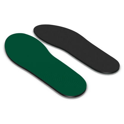 Green and black shoe insoles on a white background