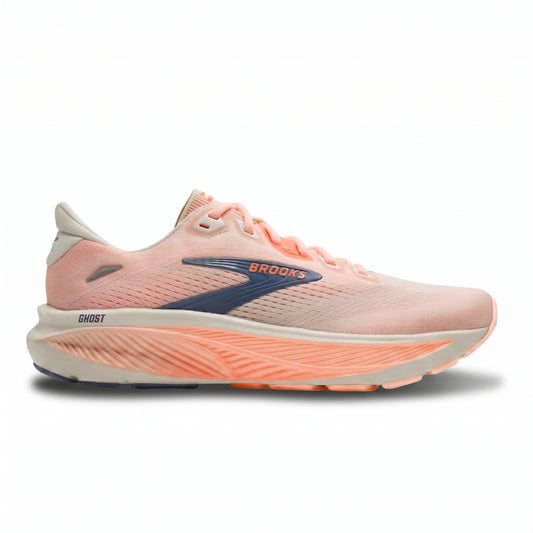 Brooks Ghost running shoe in a light peach-pink colorway with a gray blue logo and a white midsole, shown from the side on a white background.
