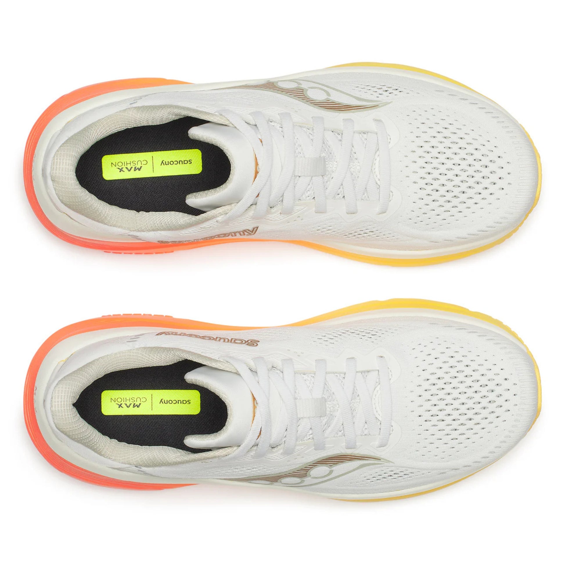 White Saucony running shoes with orange soles and yellow accents on a white background