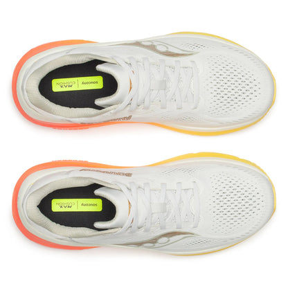 White Saucony running shoes with orange soles and yellow accents on a white background