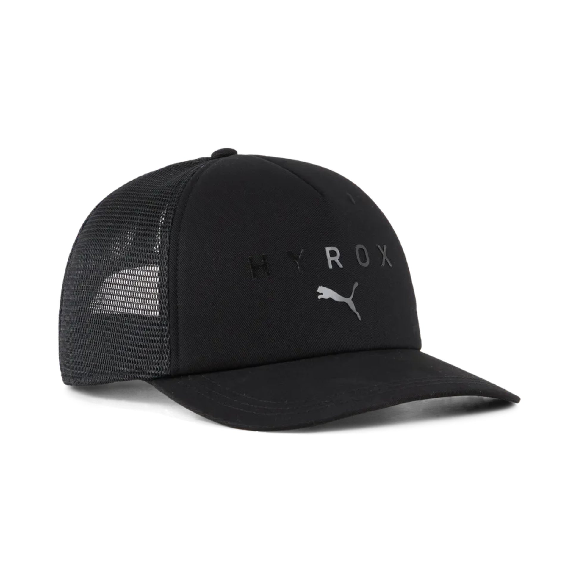 Black Puma cap with mesh back and Puma logo on a white background
