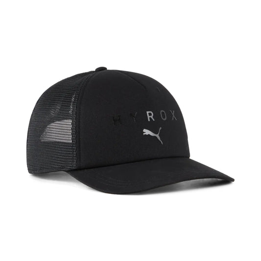 Black Puma cap with mesh back and Puma logo on a white background
