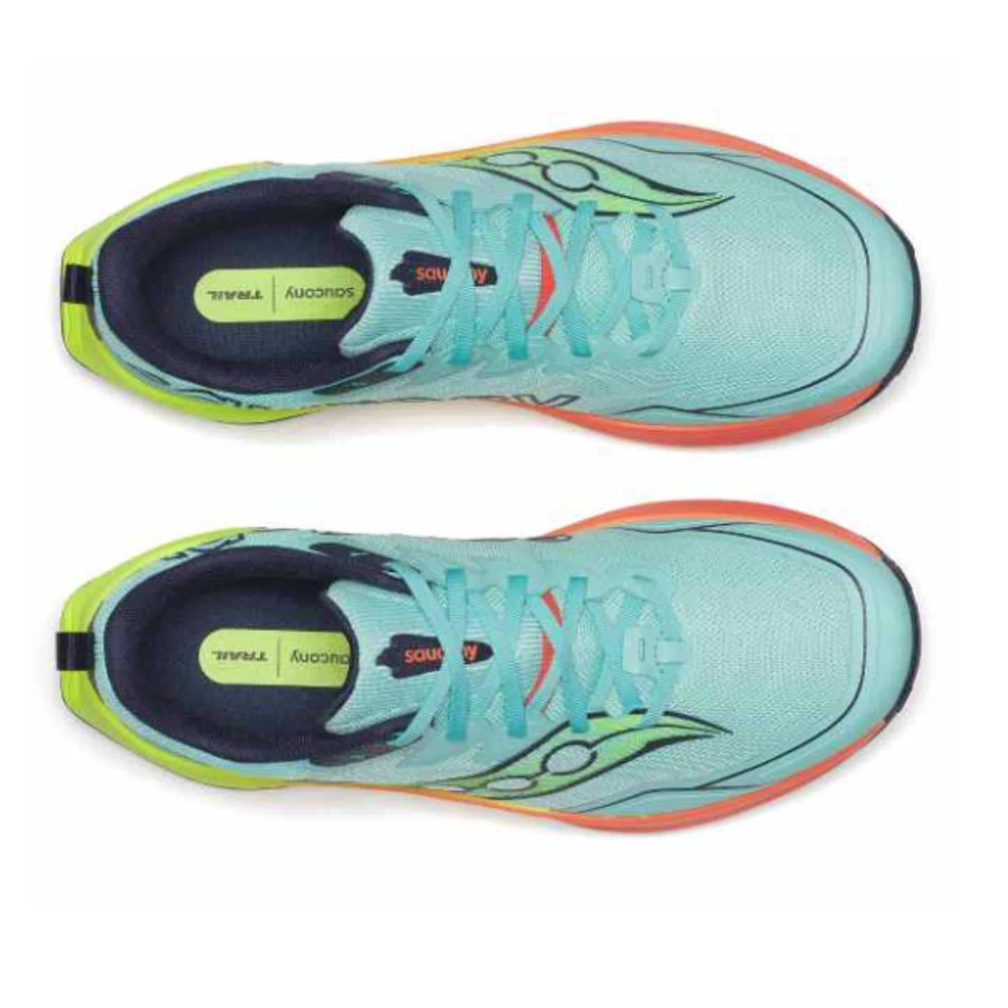 Pair of blue and orange running shoes on a white background