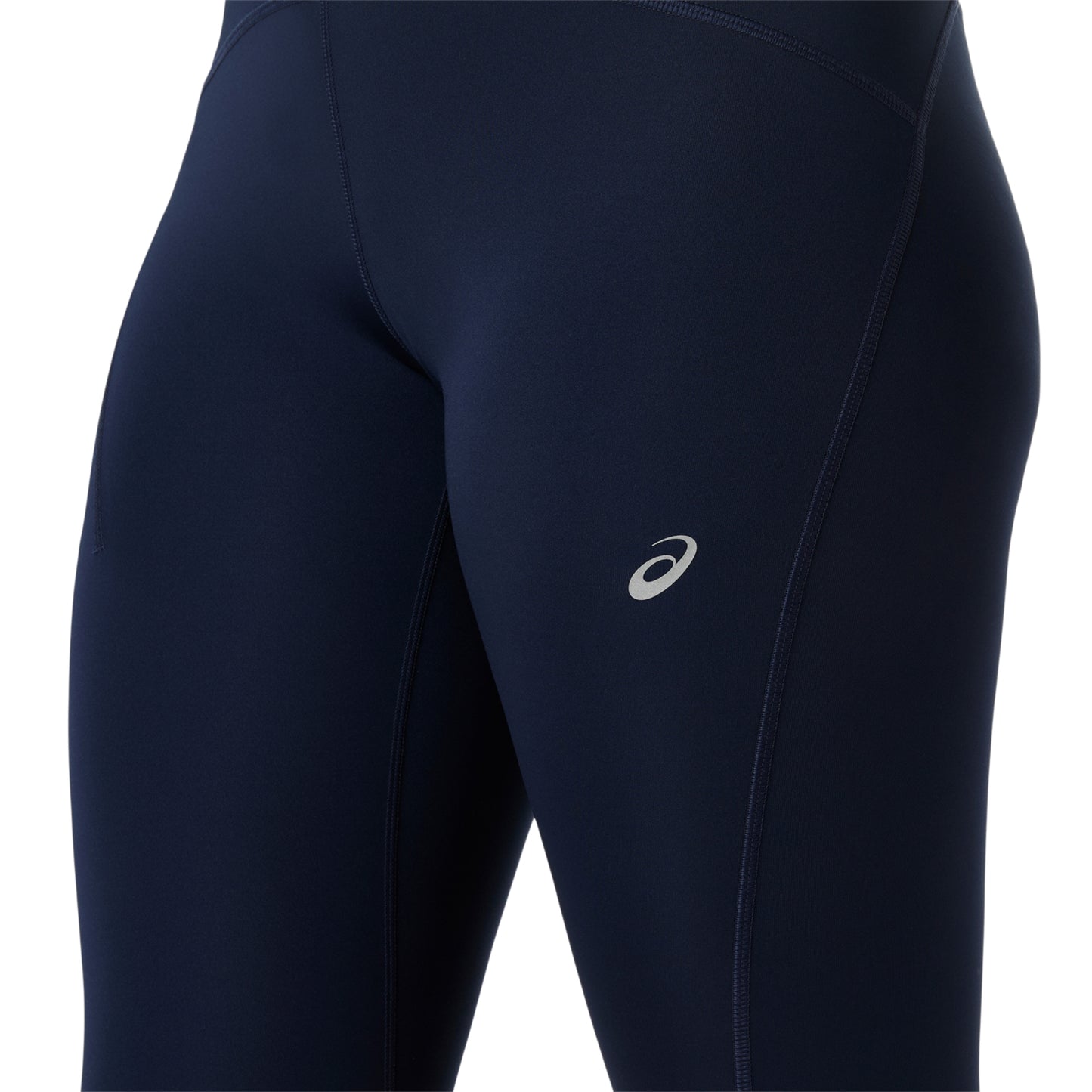 Navy blue Asics tights with a logo on a white background