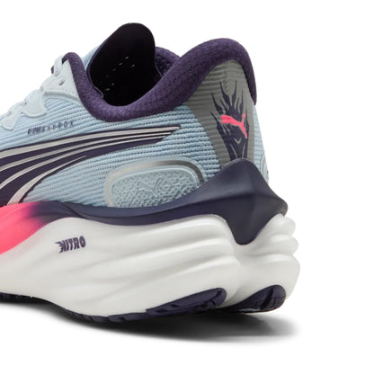 Puma running shoe with blue and pink accents on a white background