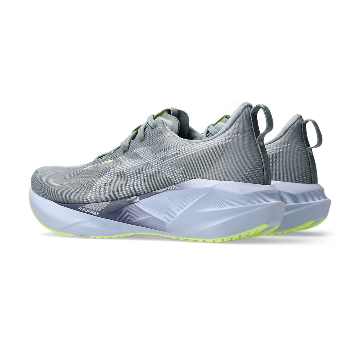 Gray running shoe with a white sole on a white background