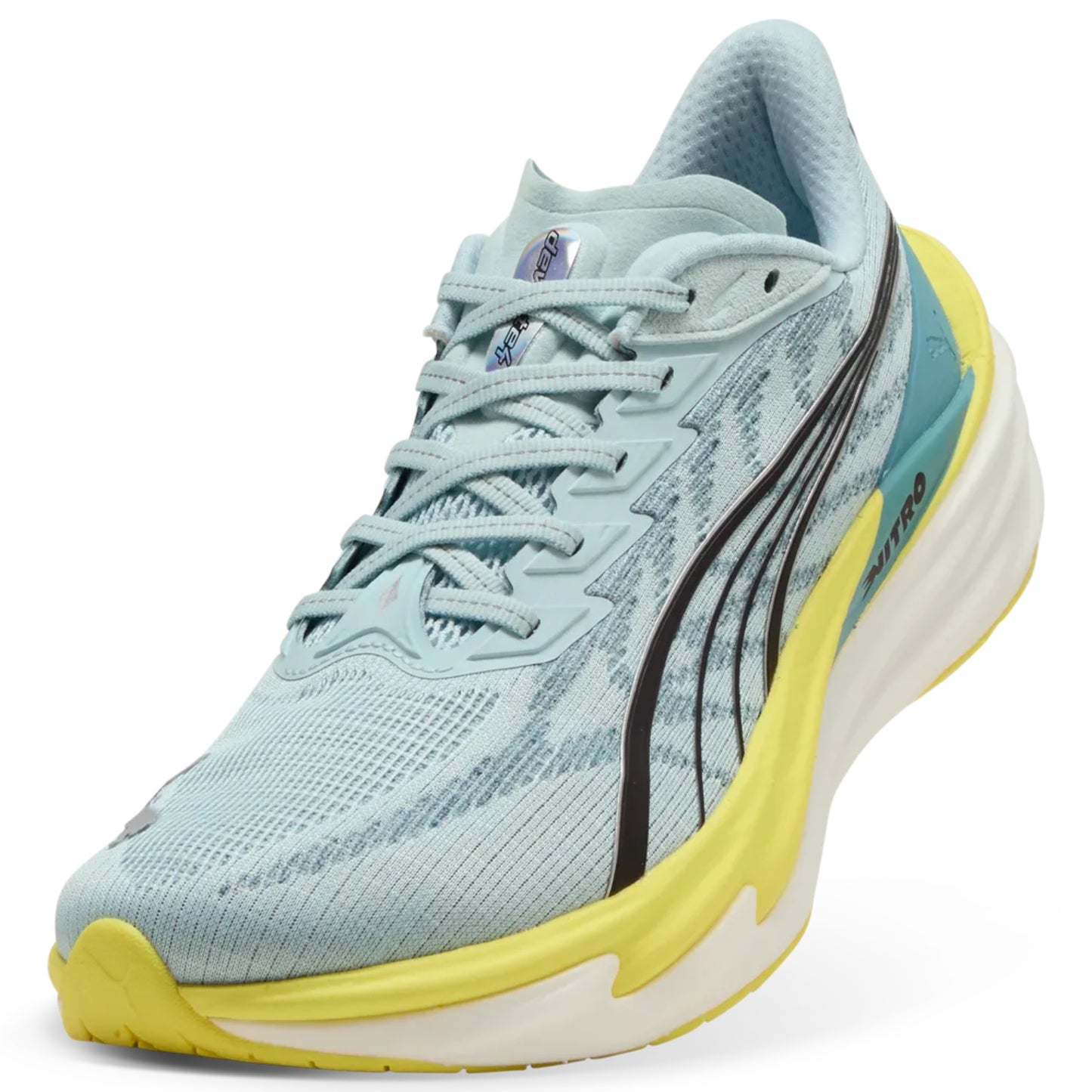 Light blue Puma running shoe with yellow accents on a white background