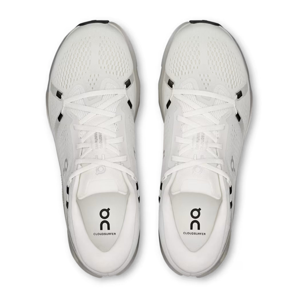 A pair of white On running shoes shown from a top-down view against a plain white background.
