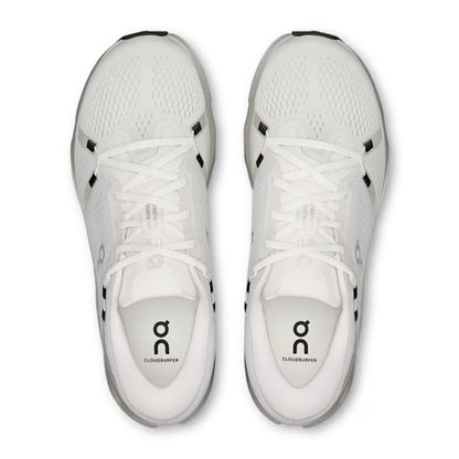 A pair of white On running shoes shown from a top-down view against a plain white background.