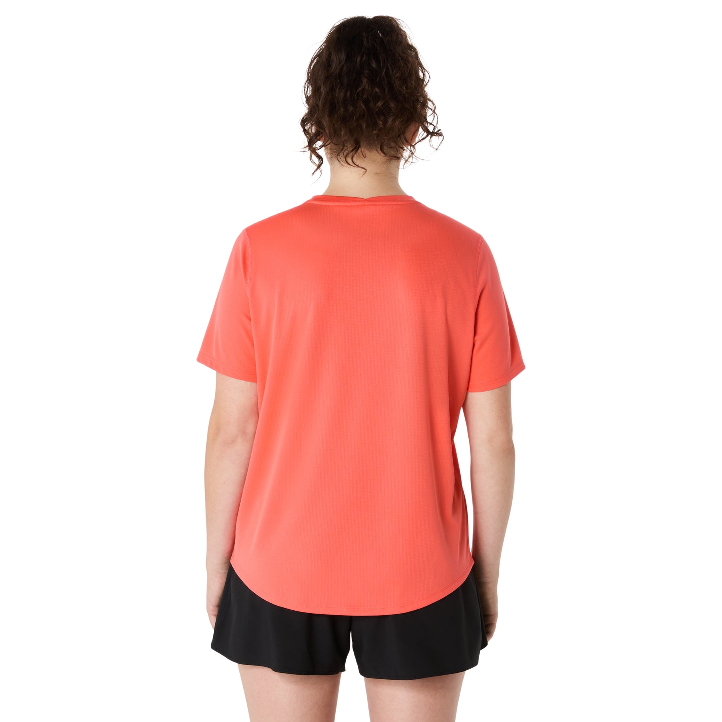 Person wearing coral shirt on a white background