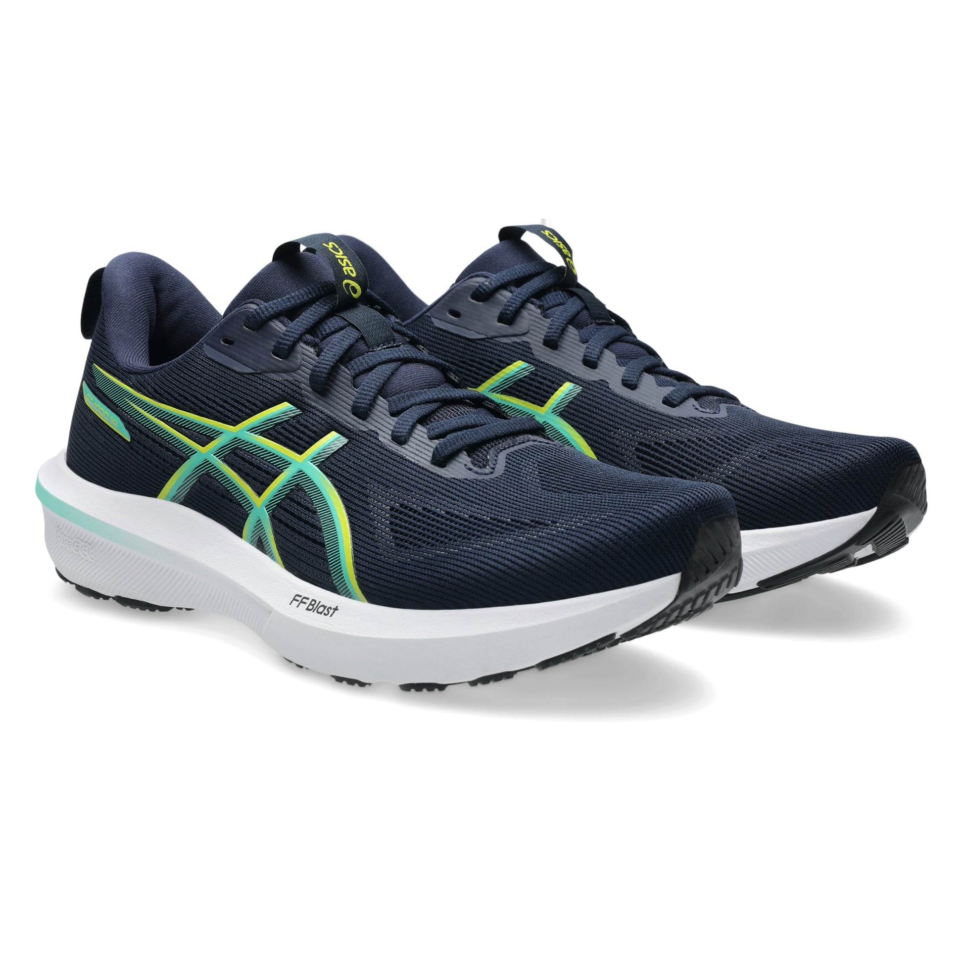 Pair of navy running shoes with green accents on a white background
