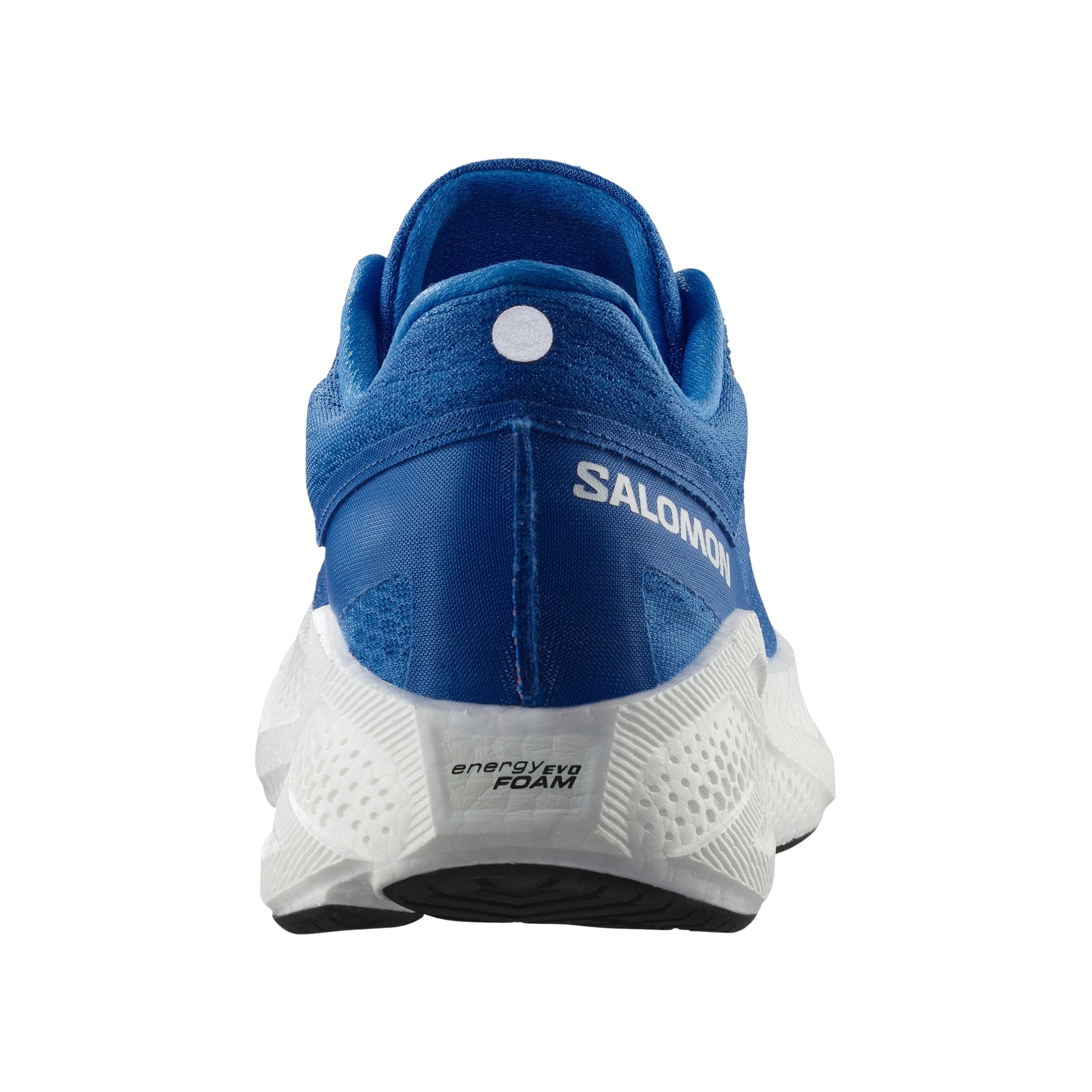 Blue Salomon running shoe with white sole on a white background