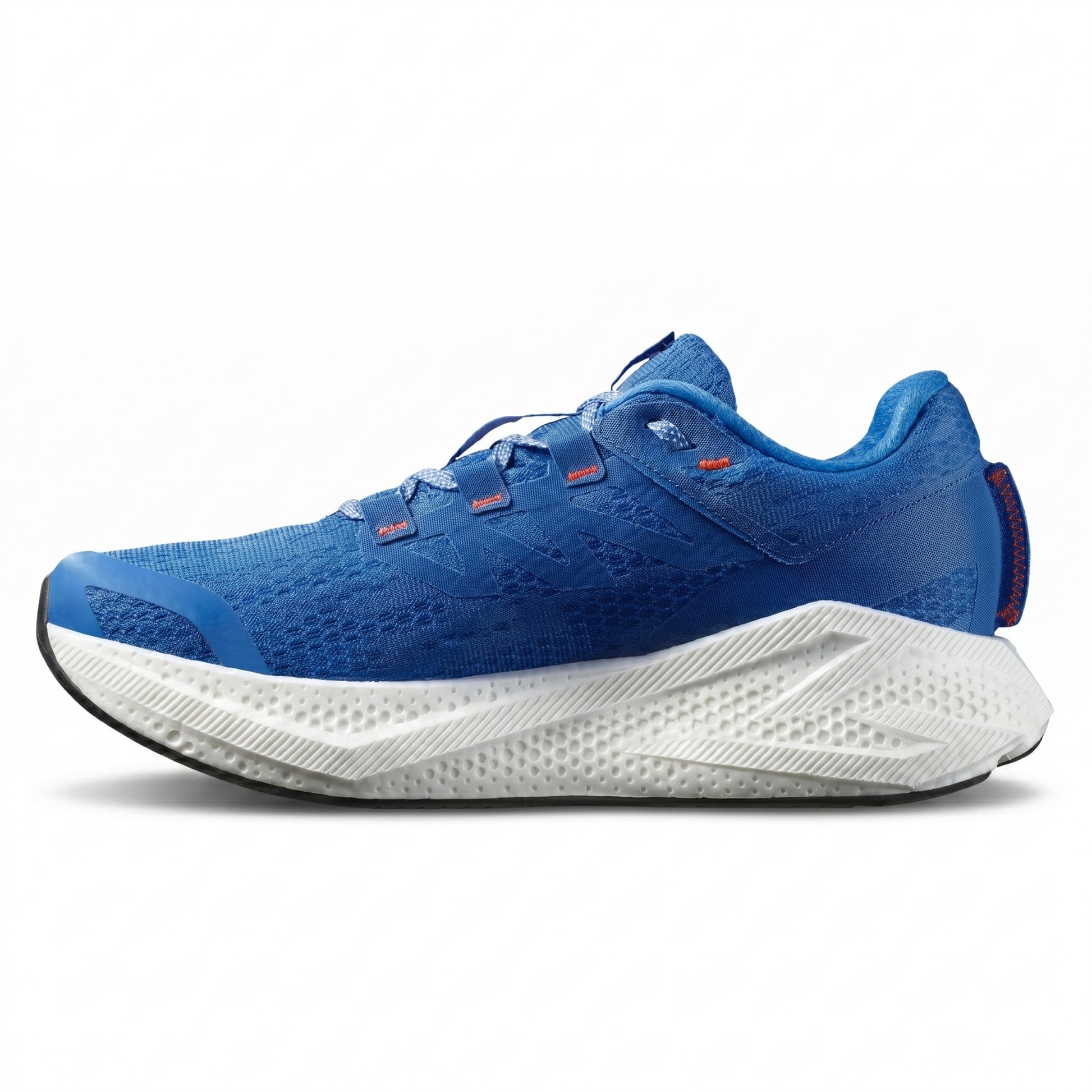 Blue Salomon running shoe with white sole on a white background