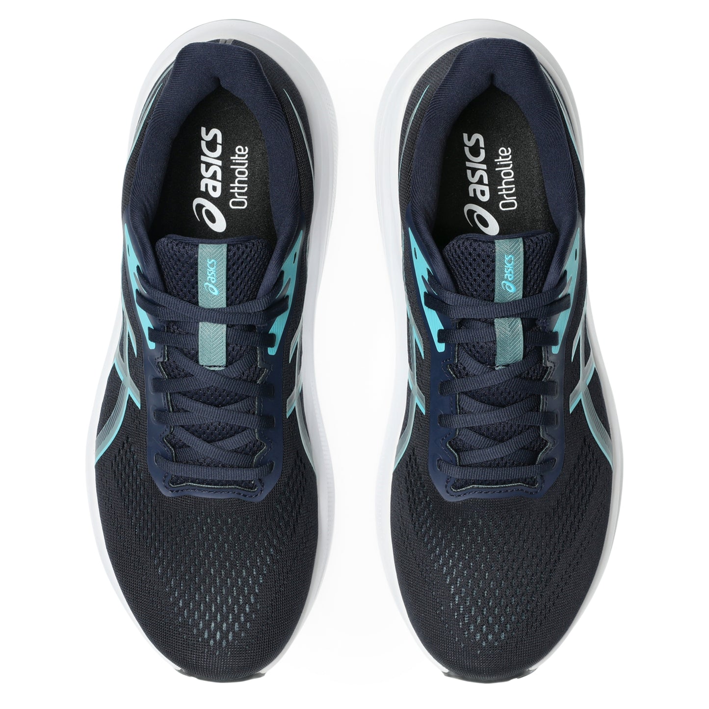 Navy Asics running shoes with Light blue accents on a white background