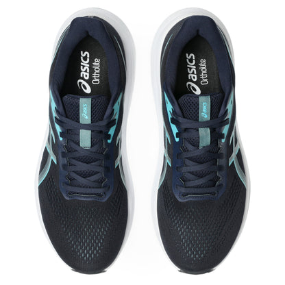 Navy Asics running shoes with Light blue accents on a white background