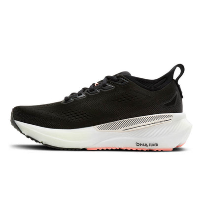 Black running shoe with white sole on a light gray background
