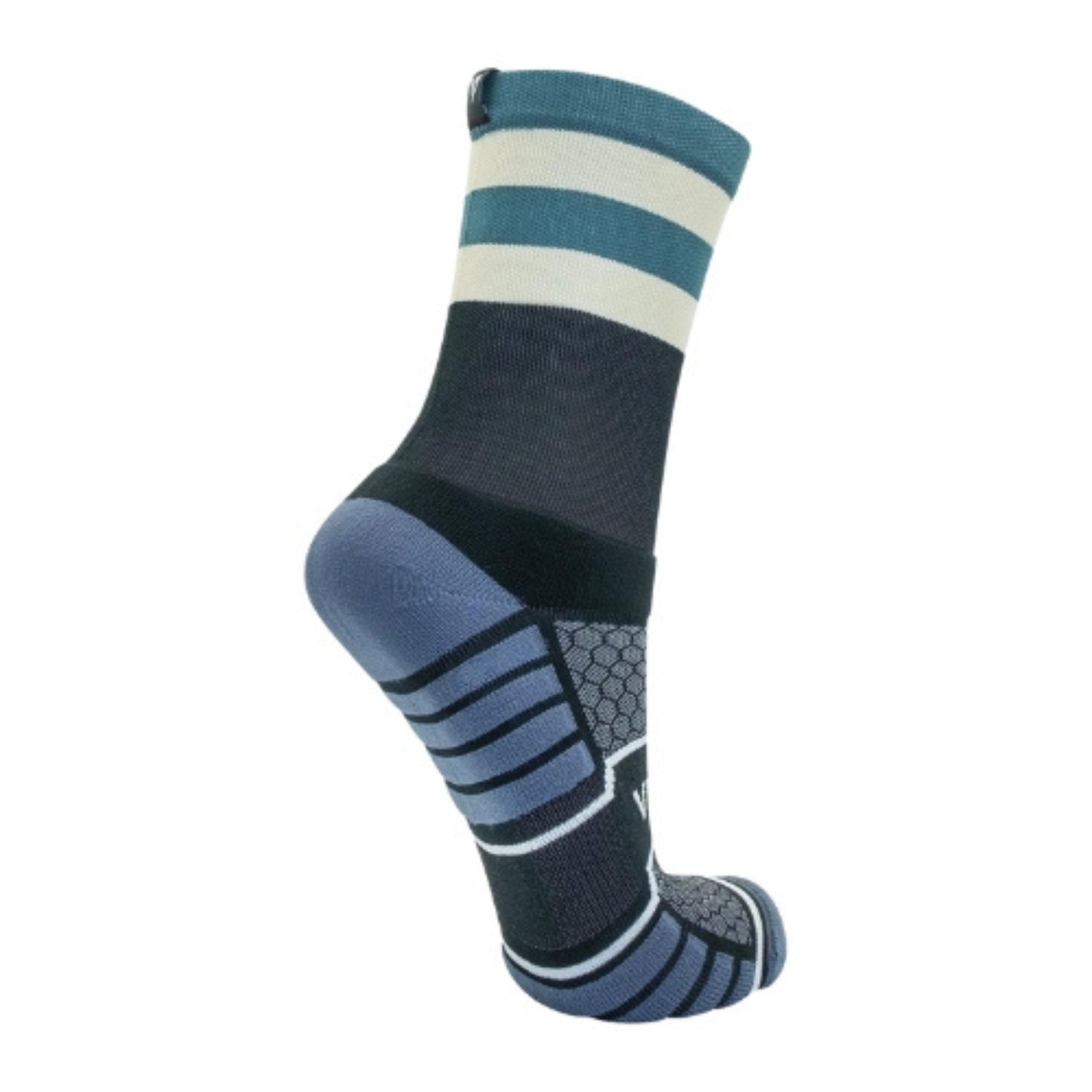 Blue and gray striped sock on a white background