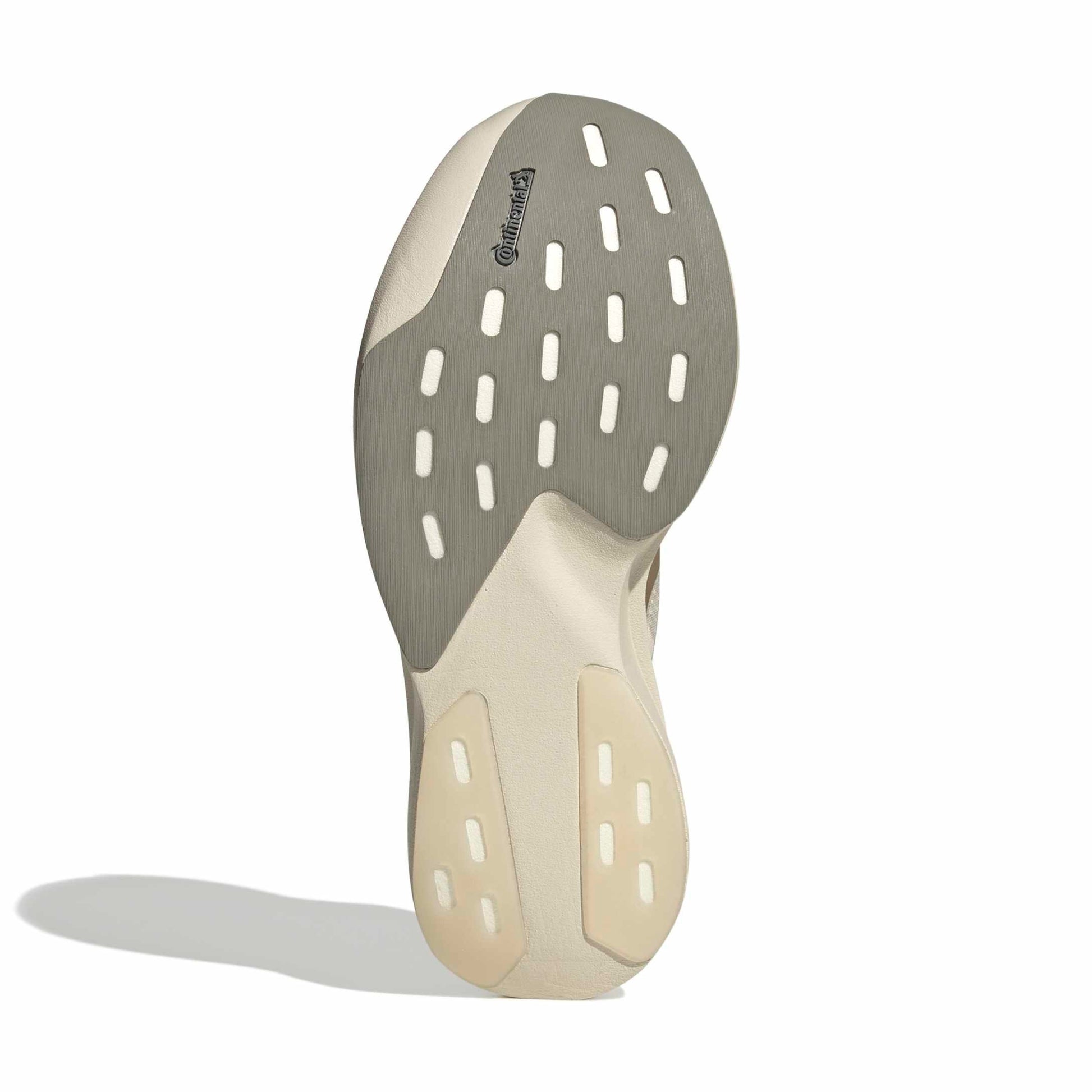 Gray and beige shoe sole with a brand logo on a white background