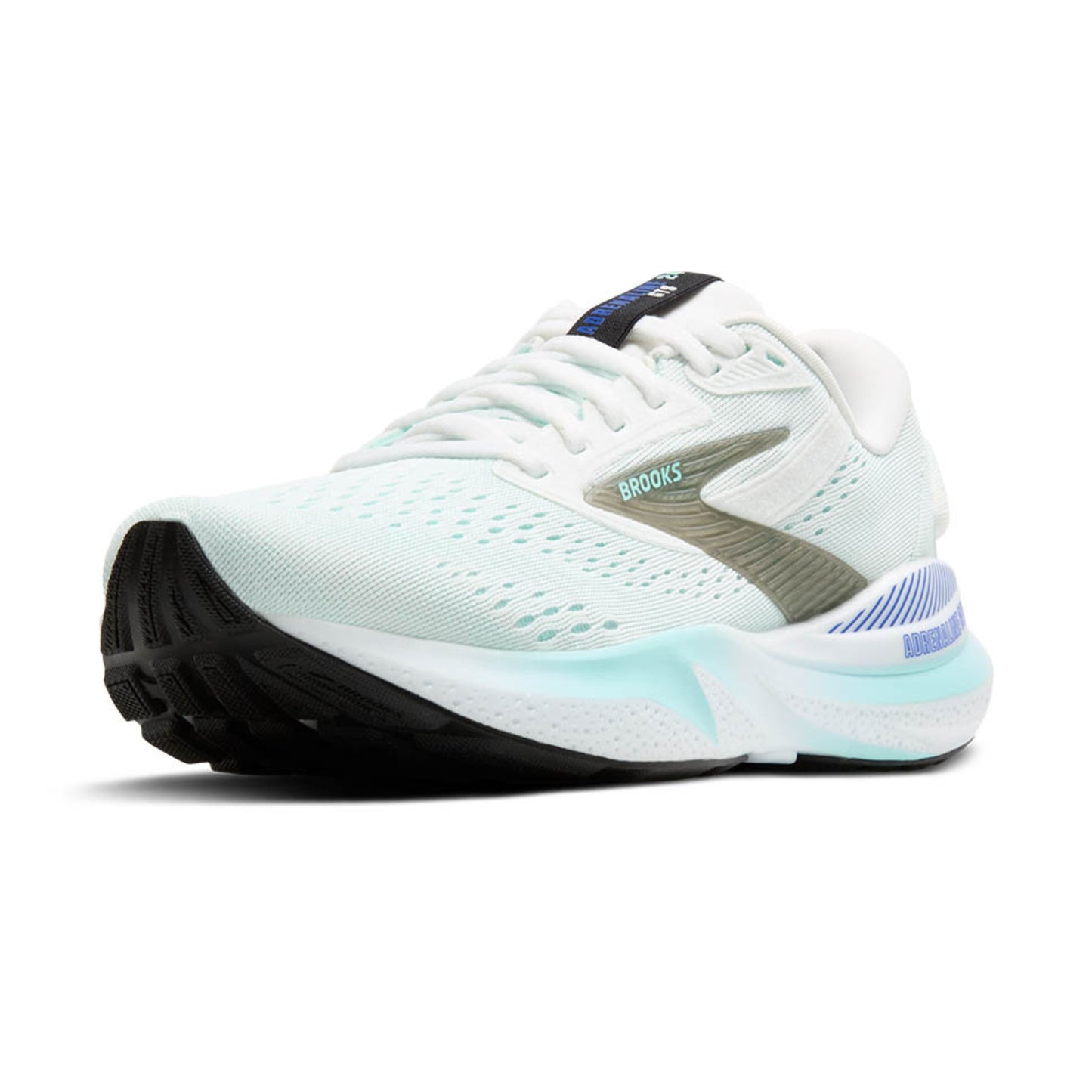 White running shoe with green and blue accents a black sole on a white background