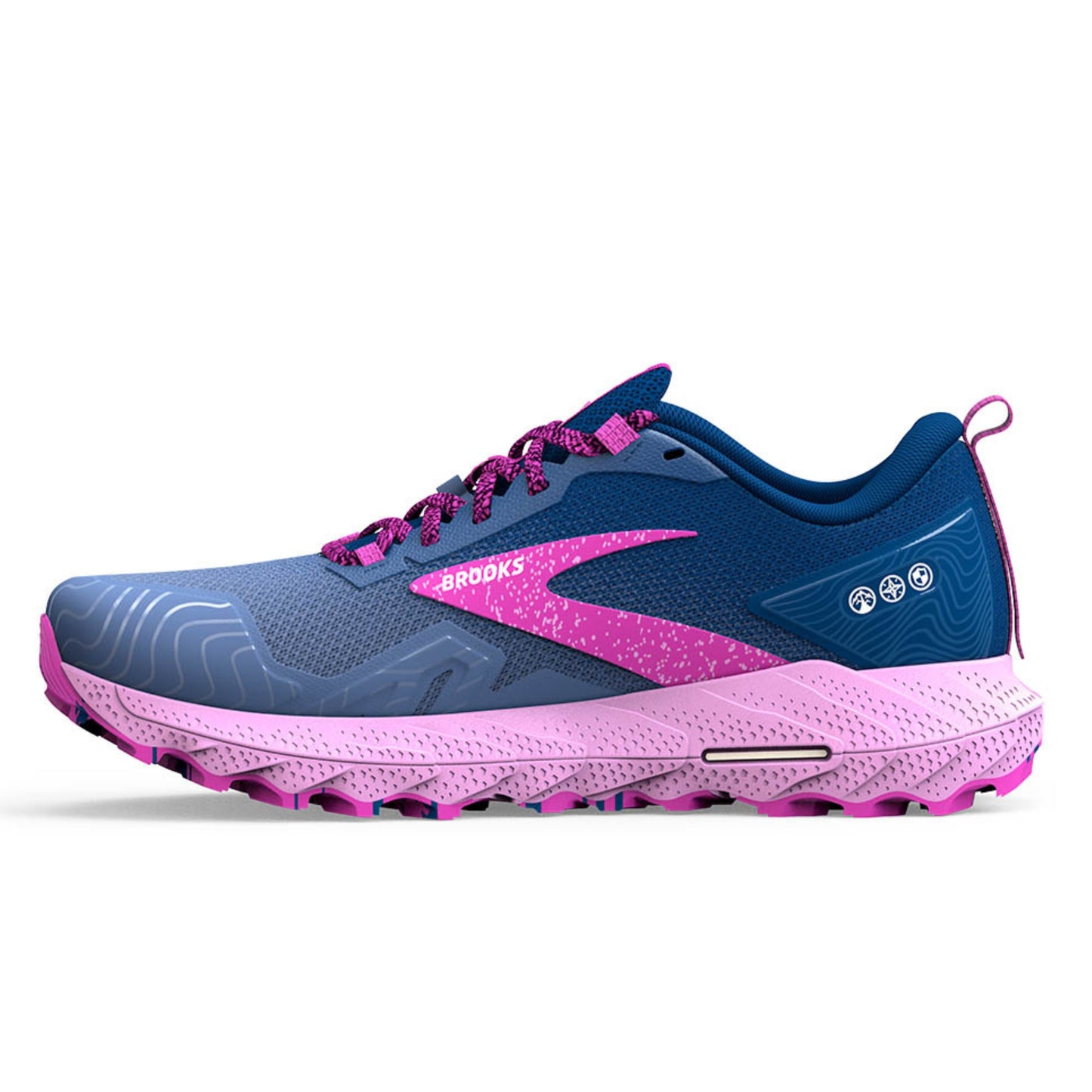 Blue and pink running shoe with 'Brooks' branding on a white background